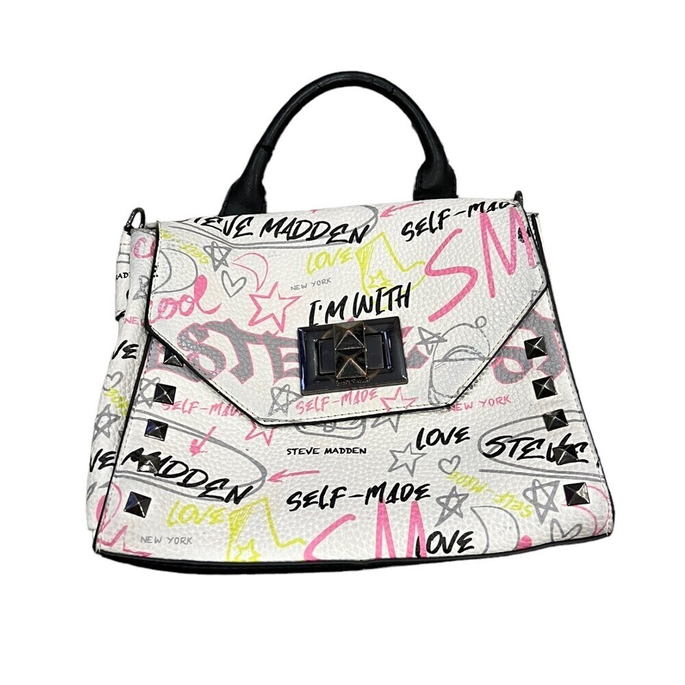 Steve Madden White Logo Graffiti Top Handle Bag